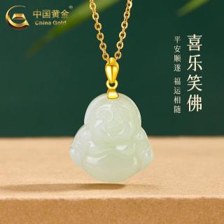 和田玉弥勒佛黄金吊坠女足金镶玉石项链生日520
